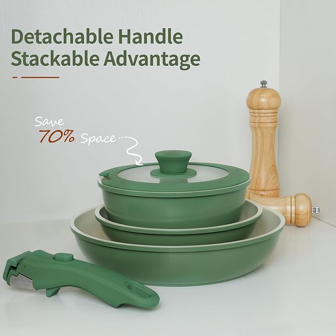 8PCS Ceramic Cookware,Nonstick Ceramic Pan, Removable Handle Pots and Pans Set, Stackable Set