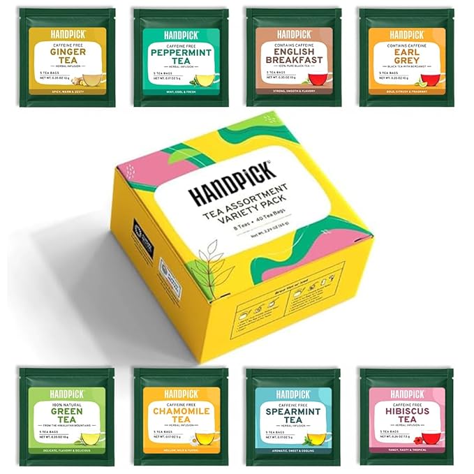HANDPICK, Tea Bags Sampler Assortment Variety pack Gift Box 8 Flavors, 40 Tea Bags - Perfect