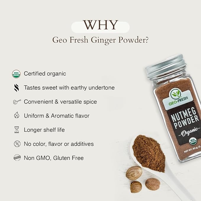 Geo-Fresh Organic Nutmeg Ground Powder, 1.76 oz (50g) - Ground Nutmeg for Baking & Cooking
