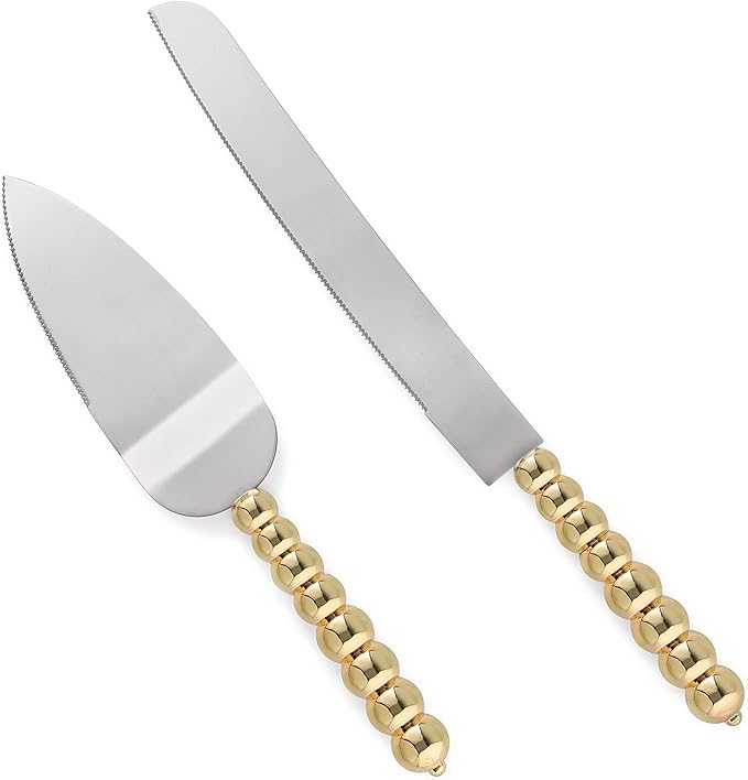Homi styles wedding cake knife and server set | Elegant Gold Color With Beaded Handles & Premium
