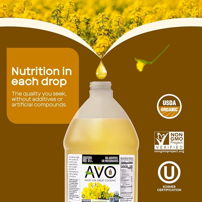 AVO ORGANIC CANOLA Oil Frying, Baking, Non-stick Saut챕ing, Salads, Vinaigrette, Marinades, Pan