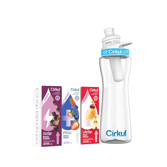 Cirkul 22oz. BPA-Free Plastic Water Bottle Starter Kit with Blue Lid, 3 Flavor Cartridges (1