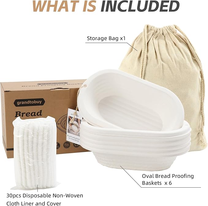 6x 11inch Oval Pulp Bread Proofing Basket Sourdough Banneton Brotform with Linen Liner Cloth Cover