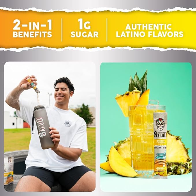 Salud 2-in-1 Energy Drink Powder + Focus, Pineapple Mango, Organic Caffeine, B6 + B12, Theanine