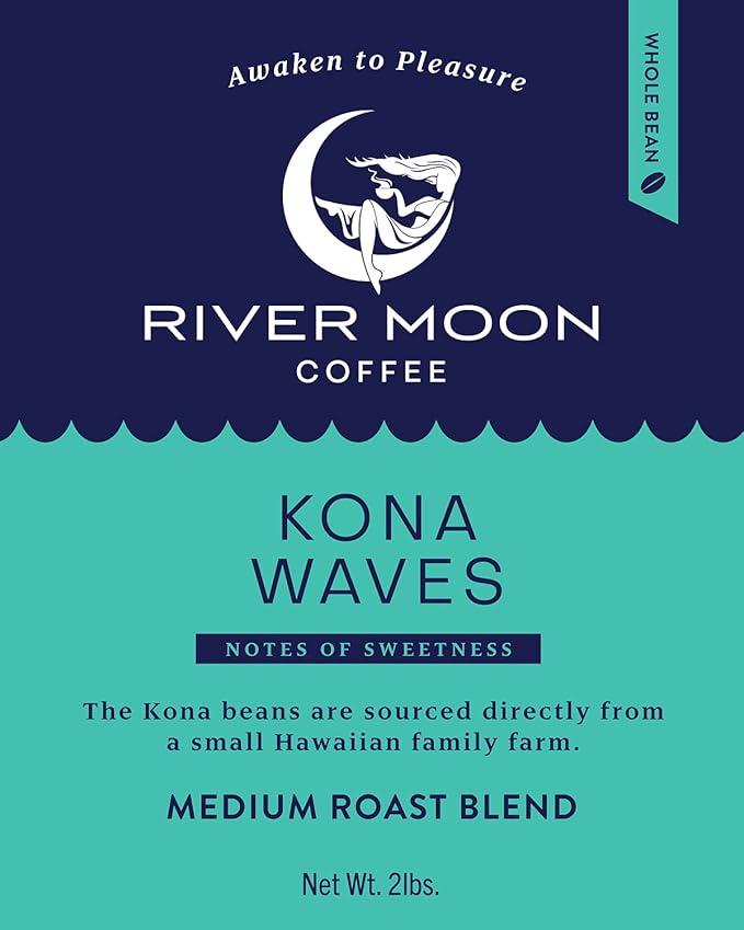 River Moon Coffee, Kona Coffee Whole Bean, Medium Roast, 2 lbs, Kona Waves Hawaiian Blend