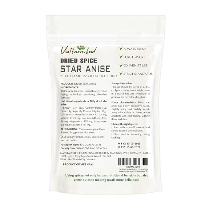 DRIED STAR ANISE 5.29 Oz (150g) VIETFARMFOOD: Natural pure, convection dried seasoning made from