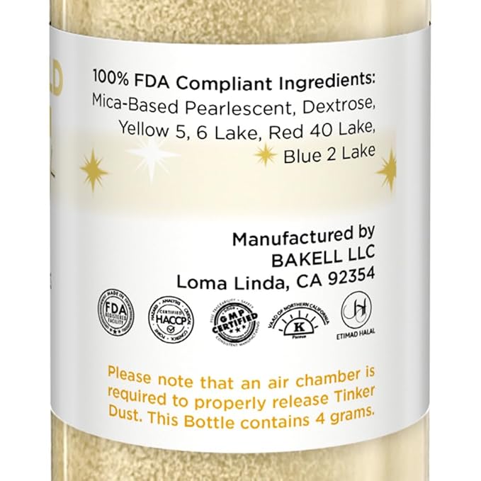 Bakell - Champagne Gold Tinker Dust Edible GLitter (4g, 1x Mini Spray Pump) for Food, Desserts, and