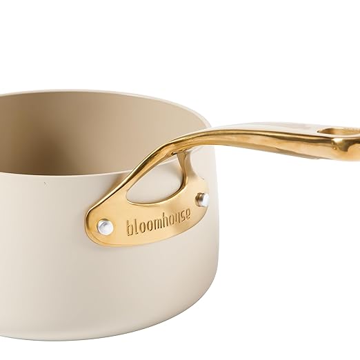 bloomhouse 3 Quart Heavy Duty Aluminum Premium PFA Free Ceramic Nonstick Saucepan with Lid - Almond