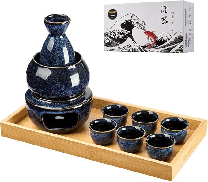 DUJUST 10 pcs Japanese Sake Set with Warmer for 6, Kiln Altered Glaze Porcelain Sake Set, 6 Sake