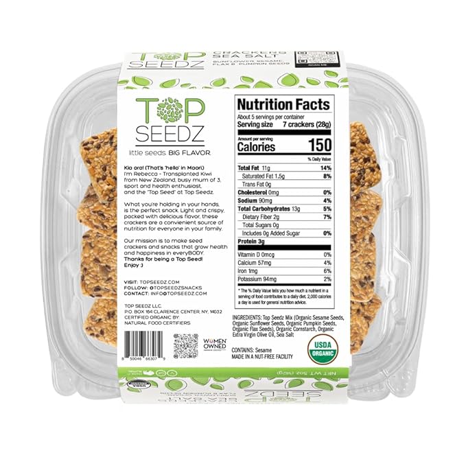 Top Seedz Certified Organic Gluten Free Sea Salt Seed Crackers | 6-Pack | 5 Ounces | Healthy Vegan