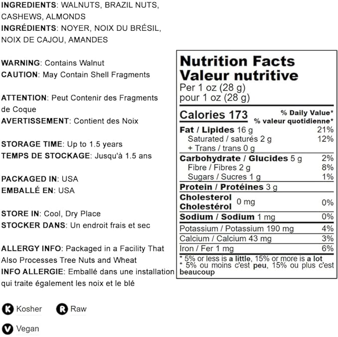 Food to Live Mixed Raw Nuts, 8 Pounds ??Cashews, Brazil Nuts, Walnuts, Almonds, Unsalted, Kosher