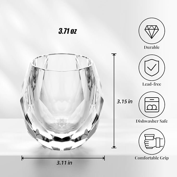 KAMMAK Crystal Whiskey Glasses Set of 2, Handcrafted Old Fashioned Glasses Stemless, 3.71oz Hand