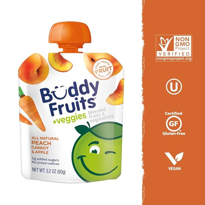 Buddy Fruits & Veggies Snacks To Go Peach Carrot Unsweetened Applesauce 3.2oz Pouch (18pk)