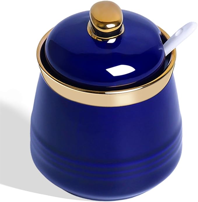 HAOTOP 12oz Sugar Bowl with Lid and Spoon,Simple Ceramic Sugar Jar Sugar Container Sugar Dispenser