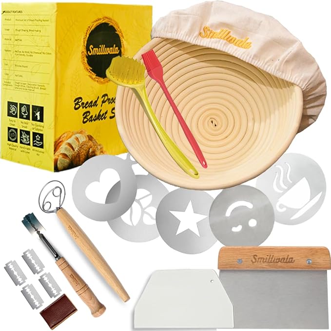Round Banneton Bread Proofing Basket with Linen Liner, 9??Bread Basket with 6 Essential Bread