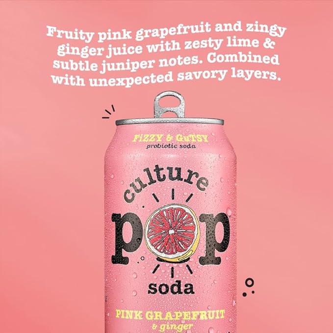 Culture Pop Soda, Pink Grapefruit & Ginger, Probiotic Low Sugar Soda, Sparkling Juice Alternative
