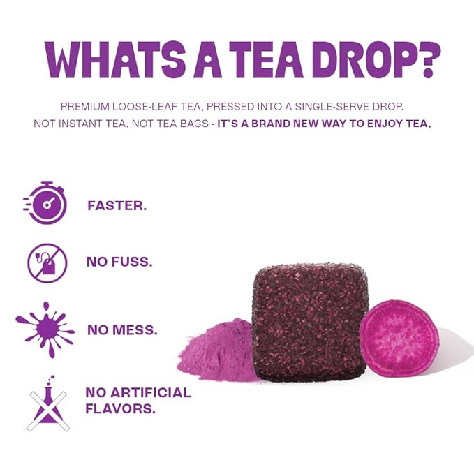 Tea Drops 30 Bulk Pack Organic Ube Bagless Tea - Loose Leaf, Lightly Sweetened, On-The-Go.