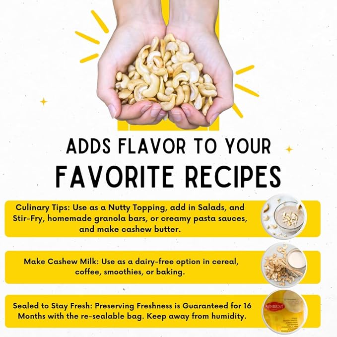 Sunbest Natural Raw Cashews ??Large Cashew Pieces, 5 lb Bulk Bag (80 oz) ??Unroasted & Unsalted