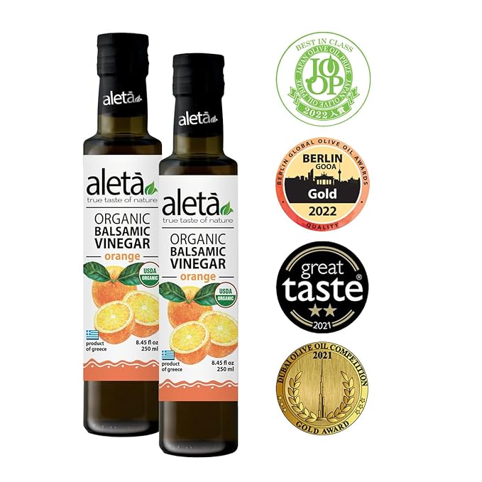 Aleta Farms Balsamic Vinegar, Greek Organic Orange Infused Aged Balsamic Vinegar, USDA Organic