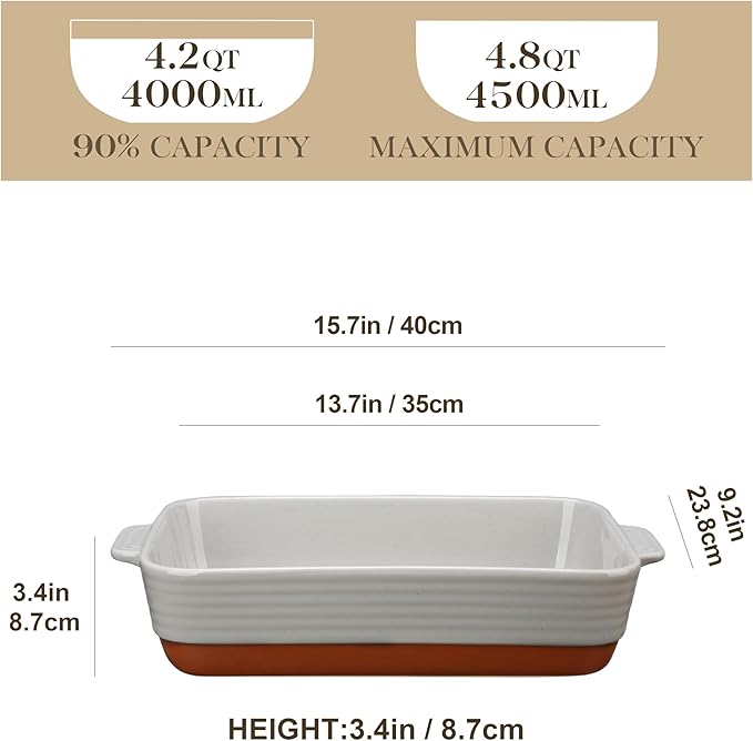 MALACASA Lasagne Dishes for Oven, 4.8 Qt Ceramic Oven Dish with Handles, 9 x 13 Inch Deep