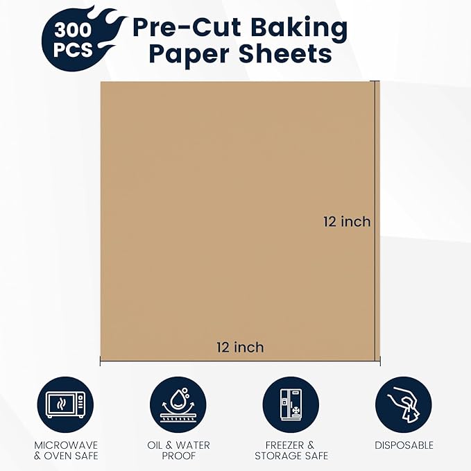 300 PCS Parchment Paper Sheets 12x12 Inch, Unbleached Parchment Paper for Baking, Non-Stick Precut