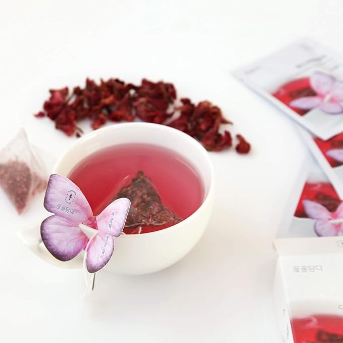 KKOKDAM Korean Tea Gift Set Sampler – 3 Flavor Pink Butterfly Tea Bag Sampler – Elegant Box for Tea