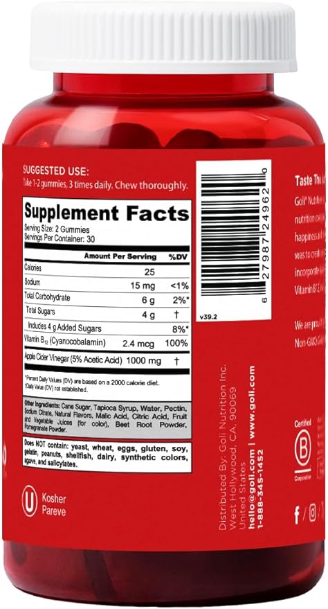 Goli Apple Cider Vinegar Gummy Vitamins - 180 Count - Vitamins B9 & B12, Gelatin-Free, Gluten-Free