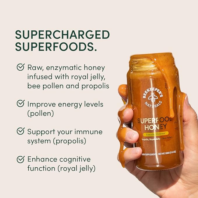 Superfood Honey by Beekeeper's Naturals - Bee Pollen, Royal Jelly, Propolis, Honey - Natural