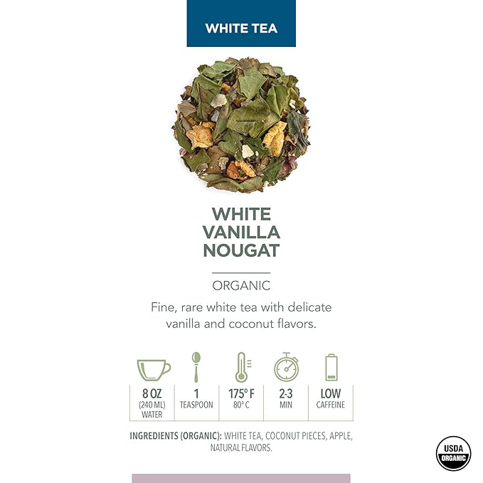 Teabloom Organic White Tea, White Vanilla Nougat Loose Leaf Tea, Sweet and Satisfying with Vanilla