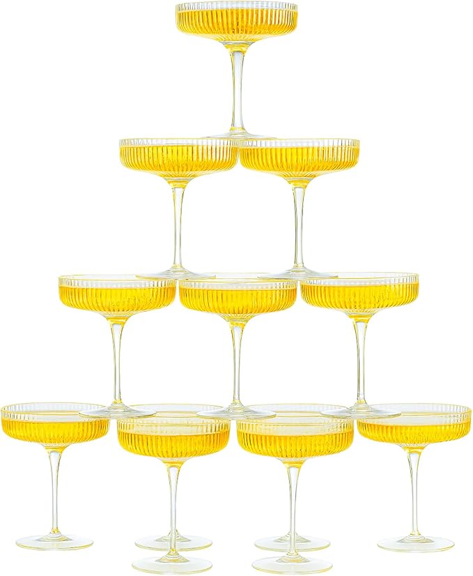 Khen Crystal Glass Ribbed Vintage Art Deco Coupe - 8oz. Set of 12 Crystal Glasses - Weddings &