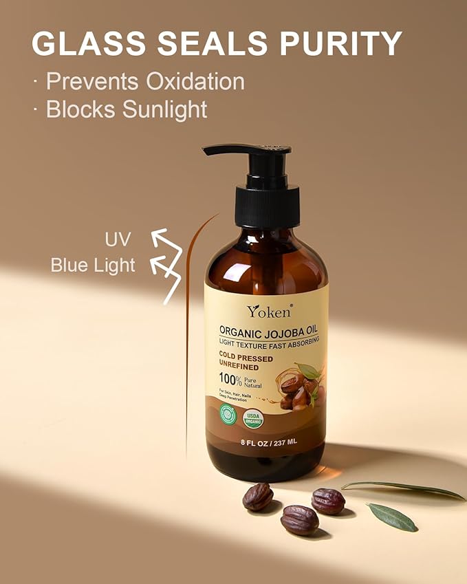 Yoken Organic Jojoba Oil Glass Bottle 8 fl oz, USDA Certified 100% Pure & Natural Jojoba Oil for