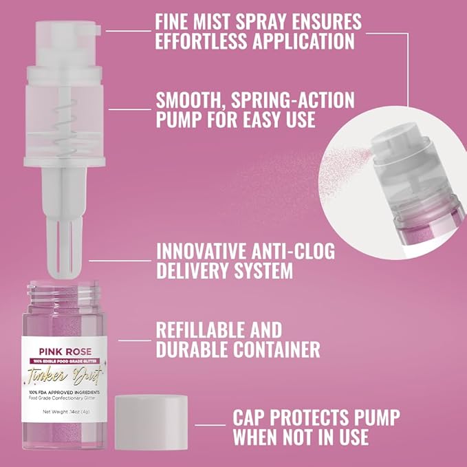 Bakell - Pink Rose Tinker Dust (4g, 1x Mini Spray Pump) Edible Glitter for Food, Desserts, and