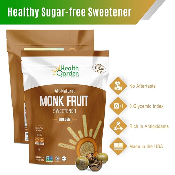 Health Garden Monk Fruit Sweetener, Golden- Non GMO - Gluten Free - 1:1 Sugar Substitute - Kosher