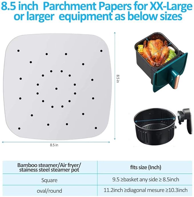 200pcs 8.5inch Square Perforated Parchment Paper Sheets, Premium Nonstick Bamboo Steamer Liner for
