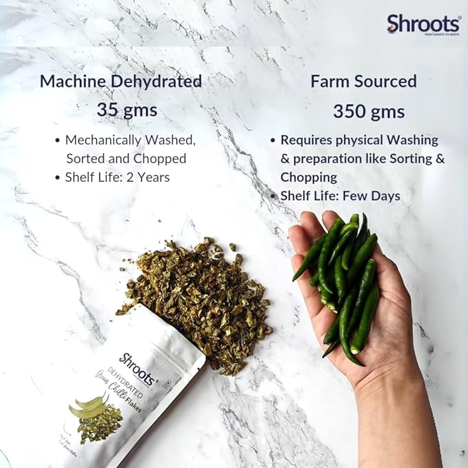 SHROOTS Dehydrated Green Chilli Flakes Pure Vegetarian Gluten-Free No Added Salt Easy Cooking