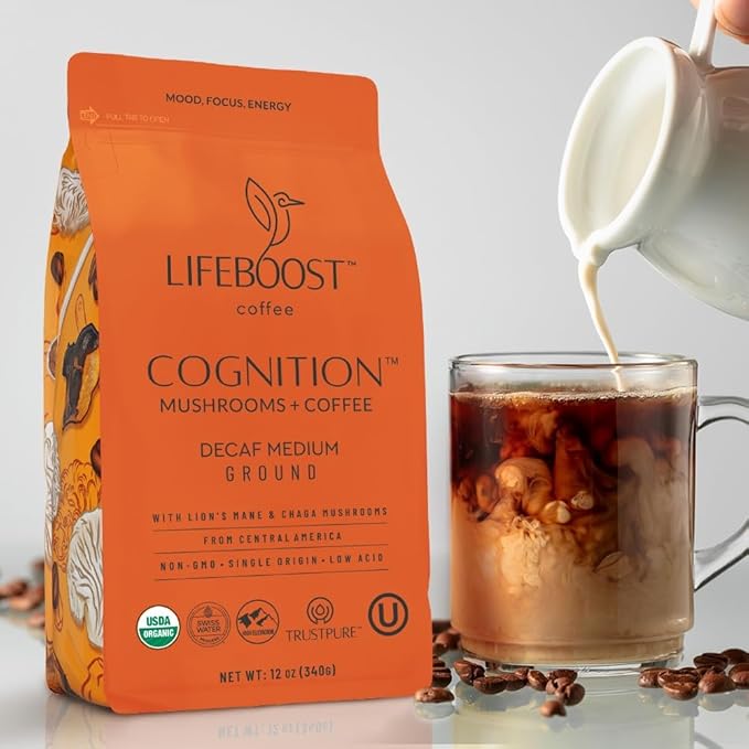Lifeboost Cognition Decaf Mushroom Coffee - Low Acid Decaf Medium Organic Coffee with Lions Mane &