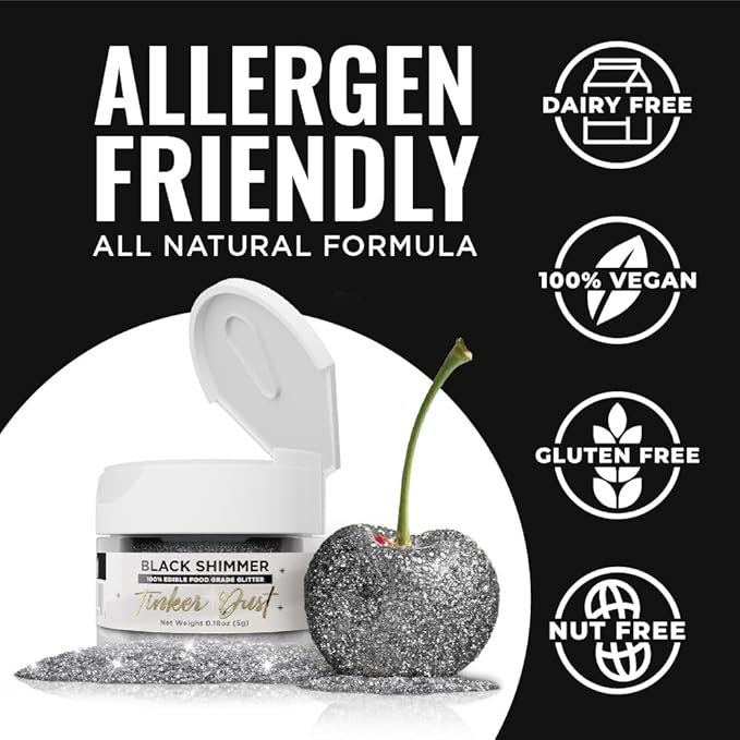 Bakell - Black Shimmer Tinker Dust (5g, 1x Jar) Edible Glitter for Food, Desserts, and Beverages!