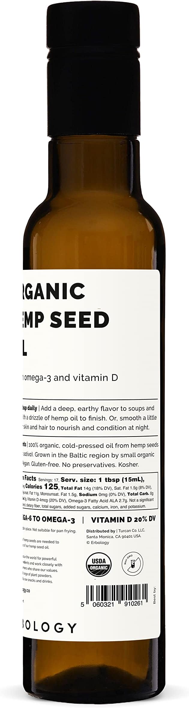 Erbology Organic Hemp Seed Oil 8.5 fl oz - Cold-Pressed - Rich in Omega-3 - Source of Vitamin D