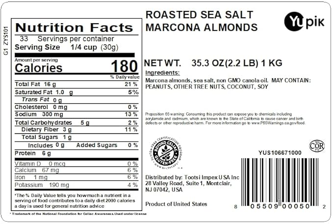 Yupik Roasted Sea Salted Marcona Almonds, 2.2 lb (35.2 oz), Gluten-Free, Vegan, Kosher, Whole Nuts