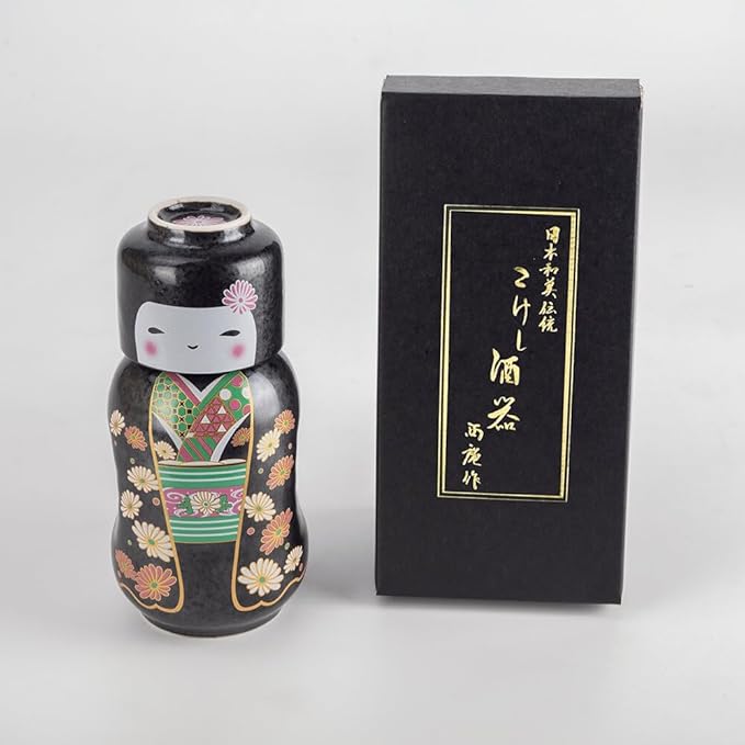 Japanese Traditional Kokeshi Design Sake Wine Soju Ceramic Set with 1 Ochoko Cup and 1 Tokkuri