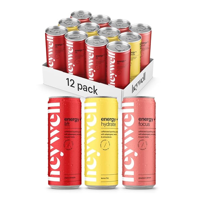 Heywell Sparkling Adaptogenic, Water Energy and Focus, Energy Variety Pack, 12 Fluid Ounce (Pack of