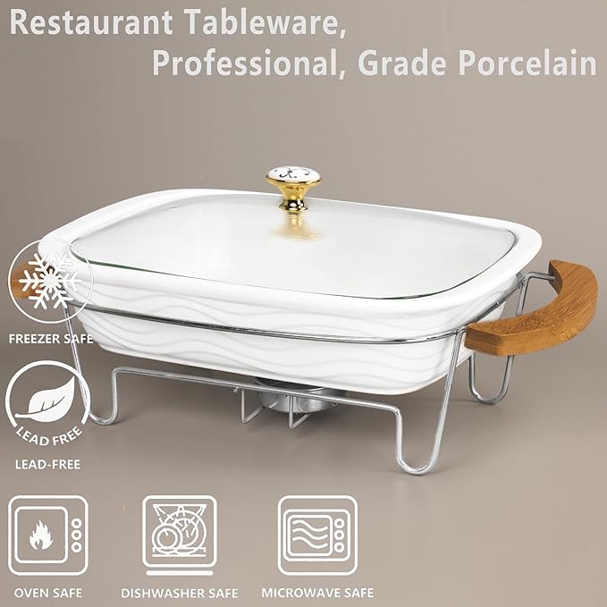 12" x 8" Ceramic Casserole Baking Dish With Glass cover and rack, Lasagna Pan Deep for Oven, 2.2
