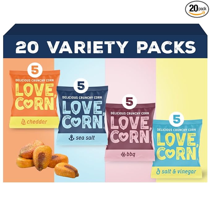 LOVE CORN Family Favorite - Sea Salt, BBQ, Salt & Vinegar, Cheddar 0.7oz x 20 - Delicious Crunchy