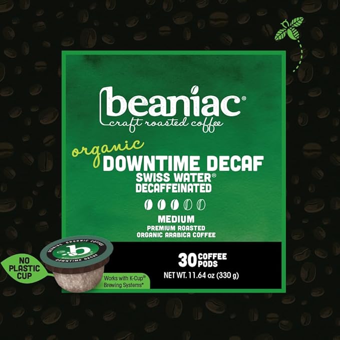 beaniac Organic Downtime Decaf Swiss Water Decaffeinated, Medium Roast, Single Serve Compostable K