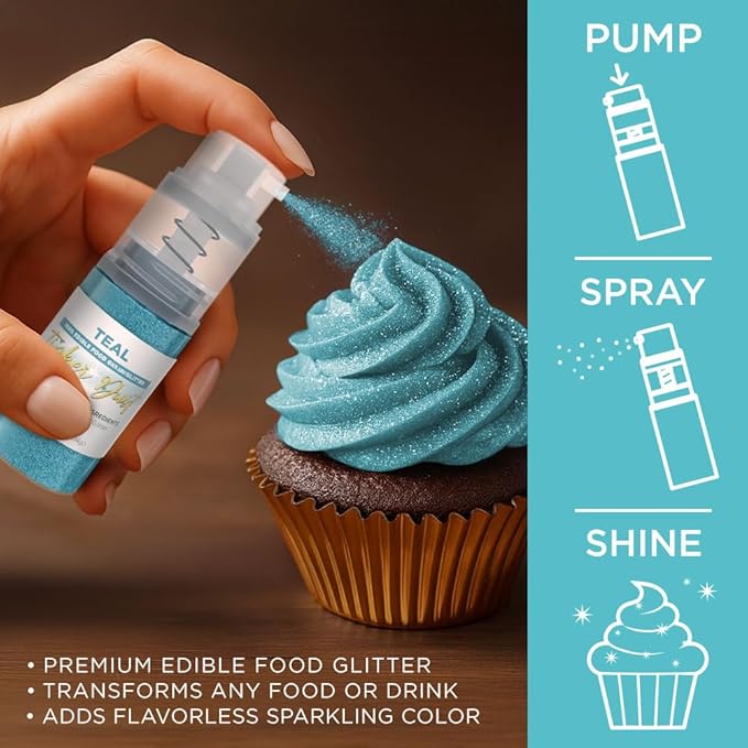 Bakell - Teal Tinker Dust (4g, 1x Mini Spray Pump) Edible Glitter for Food, Desserts, and Beverages!