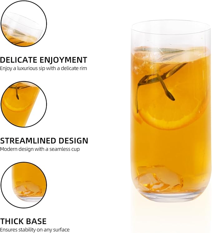 KAMMAK Drinking Glasses Set of 2, 17oz Crystal Water Glasses,Tall Glass Cups, Highball Glass for