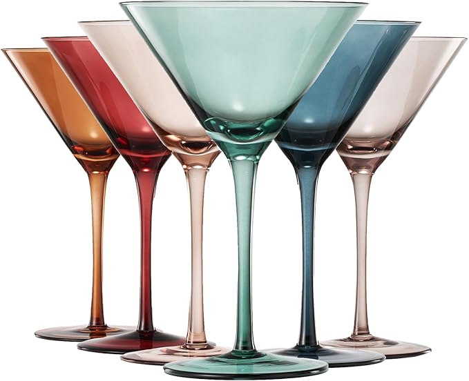 Colored Martini & Cocktail Crystal Glasses - 10oz | Set of 6 | Cute Pastel Muted Crystal Cocktail