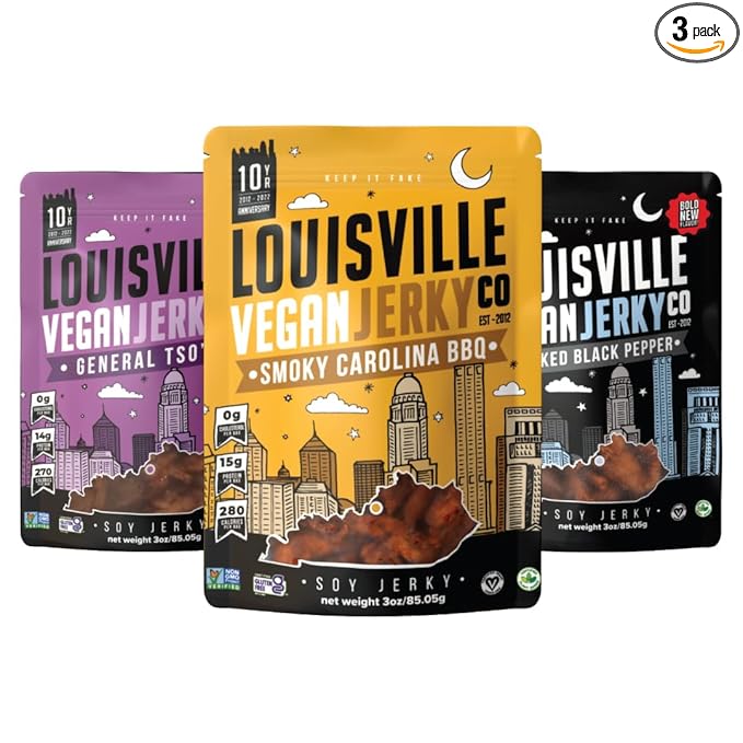 Louisville Vegan Jerky, Variety Pack ??3 Pack Includes Smoky Carolina BBQ, Smoked Black Pepper