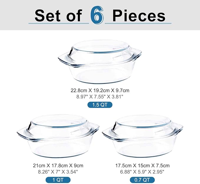 Set of 6 Pieces Round Tempered Glass Casserole Dish with Lids, Glass Casserole Baking Dish Set for