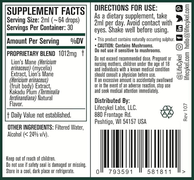Lifecykel - Lion's Mane Mushroom Extract with Kakadu Plum - Brain Booster Nootropic for Memory
